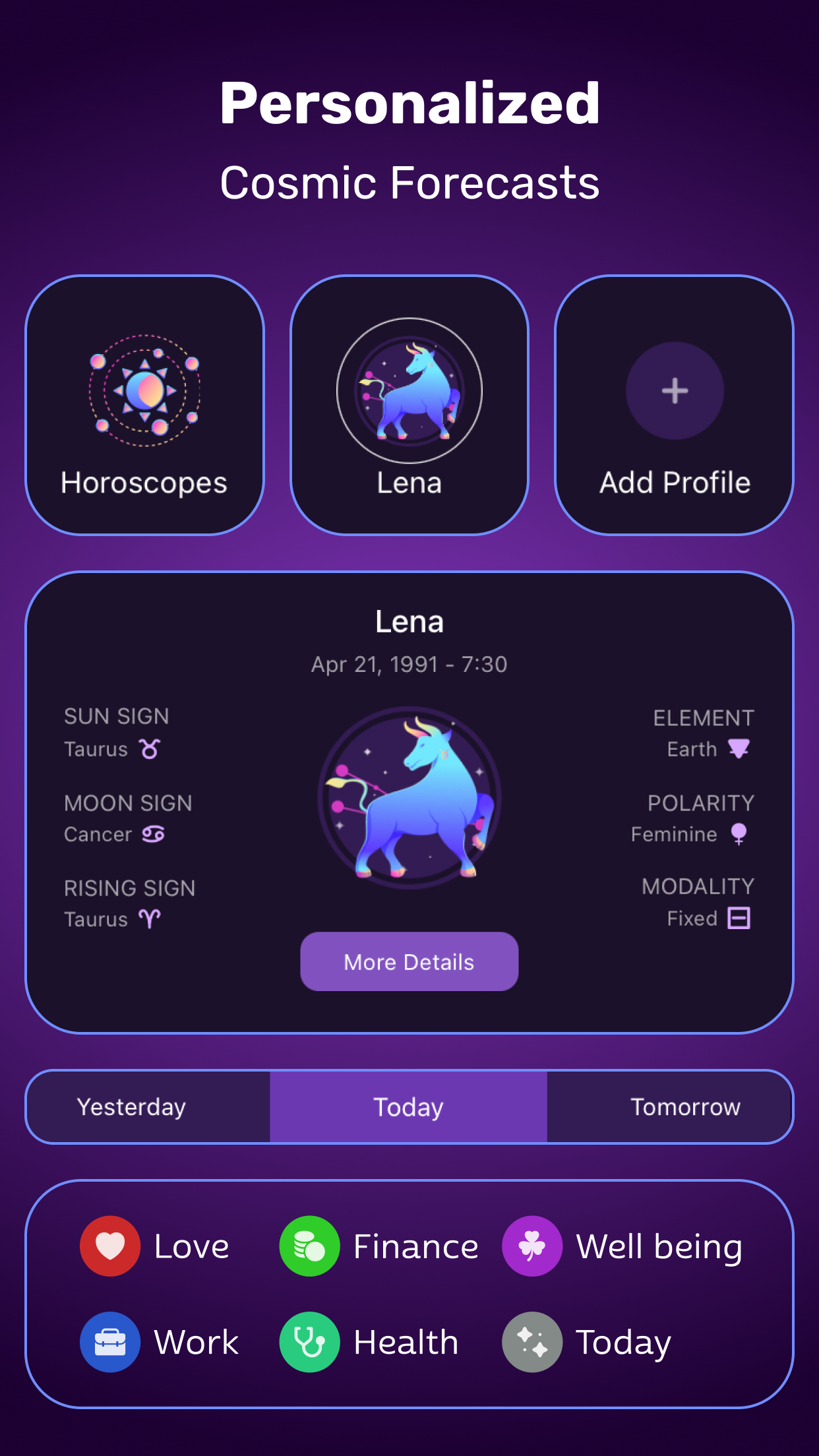Personalized Libra profile with Sun, Moon and Rising sign in the Daily Horoscope astrology app